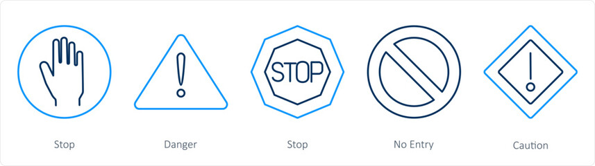 A set of 5 Hazard Danger icons as stop, danger, no entry