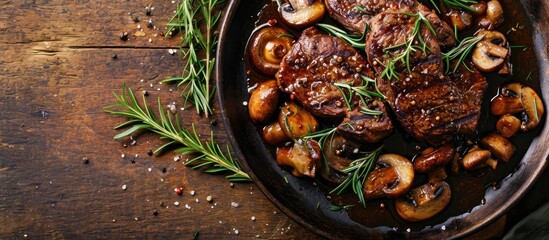 Balsamic glazed beef sirloin steak tips and baby bella mushrooms from above. with copy space image. Place for adding text or design