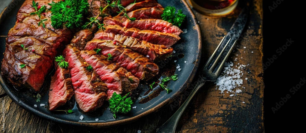 Poster boneless beef roast on a serving platter sliced for a holiday dinner. with copy space image. place f