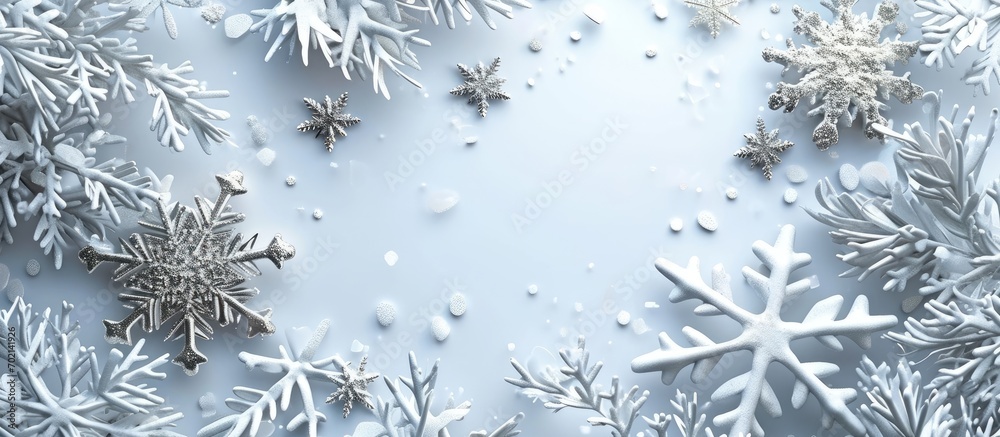 Aufkleber christmas frame with silver and white snowflakes isolated on white. with copy space image. place for