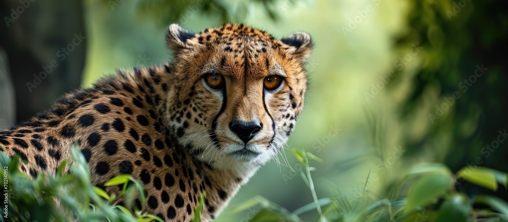 Poster A cheetah standing alone in its natural habitat looking back green background copy space for text. with copy space image. Place for adding text or design