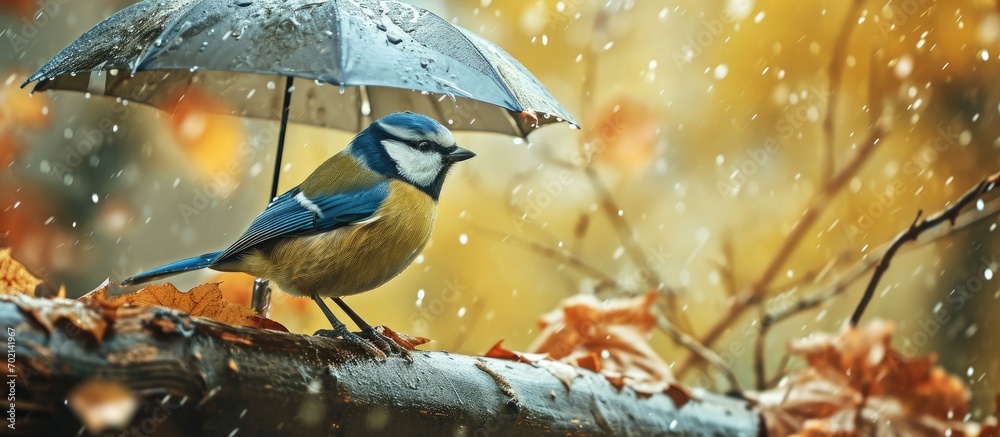 Poster blue tit under a natural umbrella during autumn rain. with copy space image. place for adding text o
