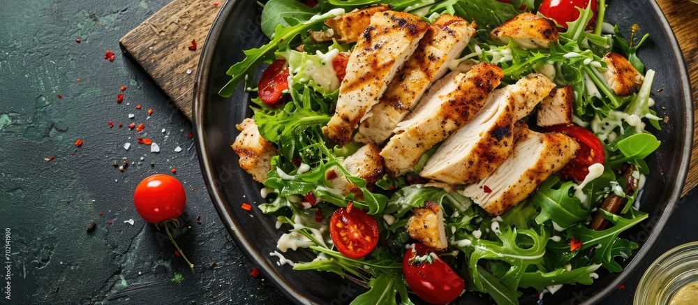 Poster a delicious chicken caesar salad with parmesan cheese dressing and croutons. with copy space image. 
