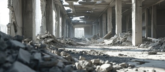 A pile of gray concrete debris against the remains of a large destroyed building Background. with copy space image. Place for adding text or design - obrazy, fototapety, plakaty