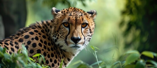 A cheetah standing alone in its natural habitat looking back green background copy space for text. with copy space image. Place for adding text or design