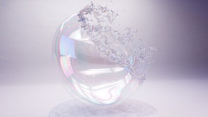 Shimmering soap bubble burst in 3D illustration, a dance of iridescent fragments. Slow Motion
