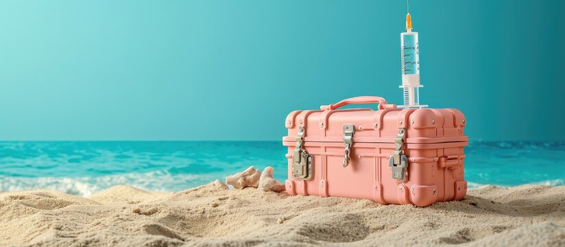 a syringe and a pink suitcase on the sand on a blue background with a blank space on top depicting the medical tourism business. with copy space image. Place for adding text or design