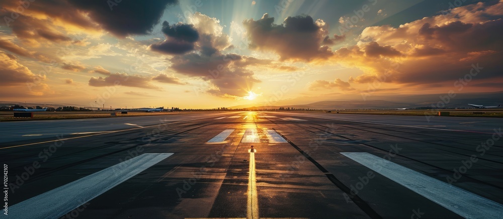 Poster endless white line road markings along the edge of airport runway minimalistic wide angle shot of em