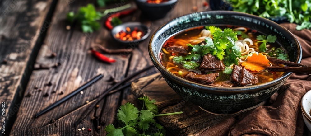 Poster fresh are beef soup in tainan of taiwan famous cuisine. with copy space image. place for adding text