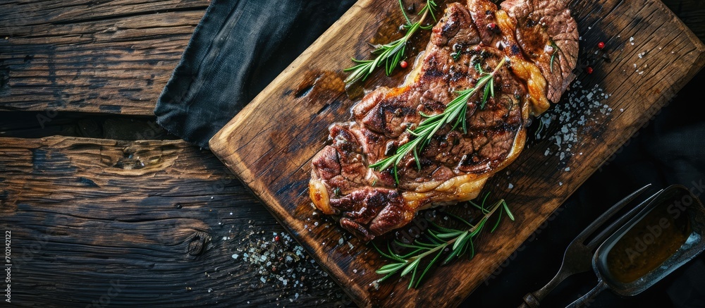 Poster grilled ribeye beef steak served on wooden board with rosemary grilled garlic fork and knife on wood