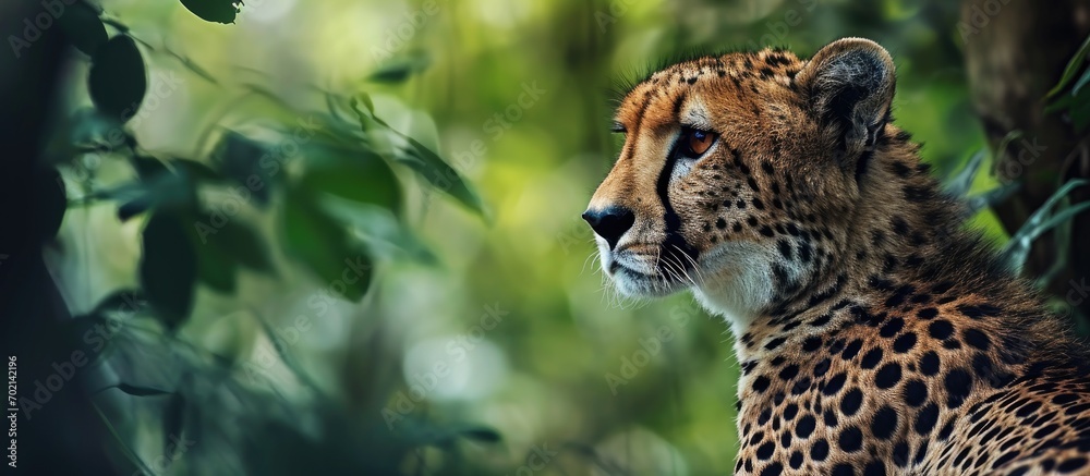Poster A cheetah standing alone in its natural habitat looking back green background copy space for text. with copy space image. Place for adding text or design