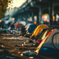 A group of homeless people sleeping in tents on the street. Generative AI.