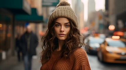 Fototapeta premium Model, Beanie, Street Photography, Urban Fashion, City Vibes, Candid Shot, Stylish, Fashionista