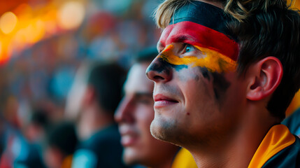 Male soccer supporter with the German national colors painted on his face. Concept of supporting a team and excitement for the sport. - obrazy, fototapety, plakaty