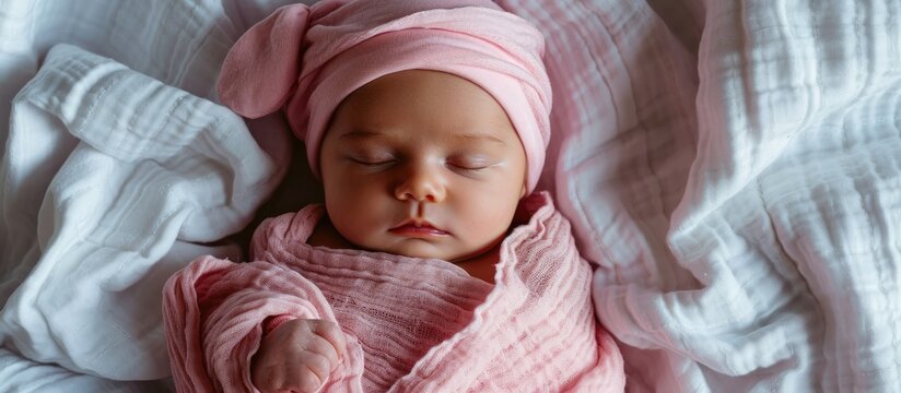 Baby girl swaddled in pink blanket with pink cap with ears on head. with copy space image. Place for adding text or design