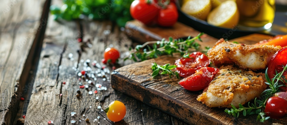 Poster Fish dish fried cod fillet with potatoes and vegetable salad on wooden table. with copy space image. Place for adding text or design