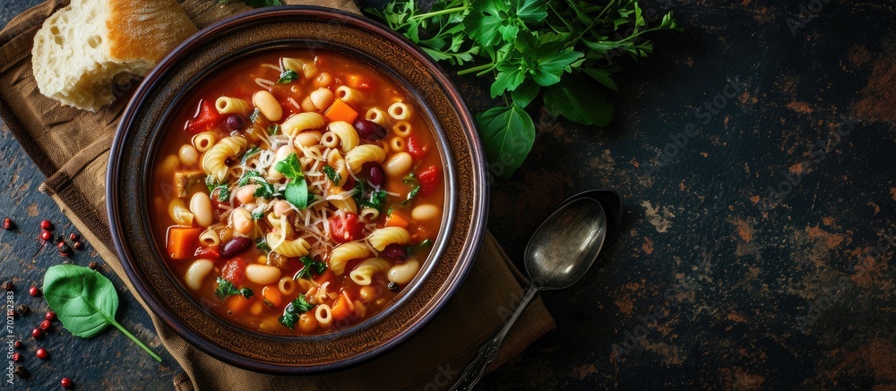 Poster bowl of minestrone soup with pasta beans and vegetables. with copy space image. place for adding tex