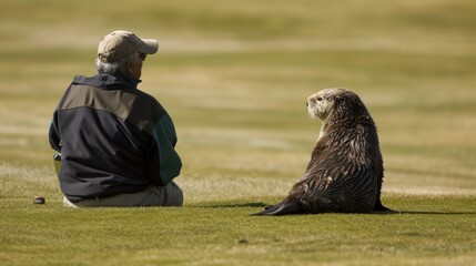 A golfer relaxes on the grass alongside a playful California sea otter, enjoying nature's company on the golf field. Generative AI.