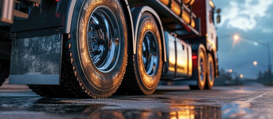 Big Semi Trailer Truck Wheels Tires Rubber Wheel Tyres Freight Trucks Transport Logistics. with copy space image. Place for adding text or design