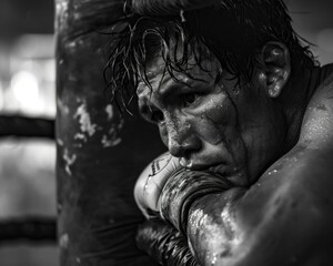 A determined boxer takes a moment to rest, bruised but unbowed. Generative AI.