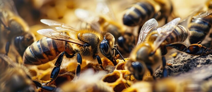 Cluster of worker honeybees laying the honeydew in a honeycomb on a wooden hive frame macro shot. with copy space image. Place for adding text or design