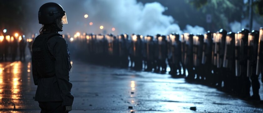 A lone protester defies a line of riot police, embodying peaceful resistance and standing resolute. Generative AI.