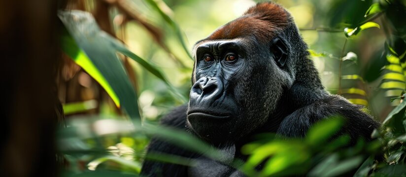 Adult male gorilla in the jungle captured in its natural. with copy space image. Place for adding text or design