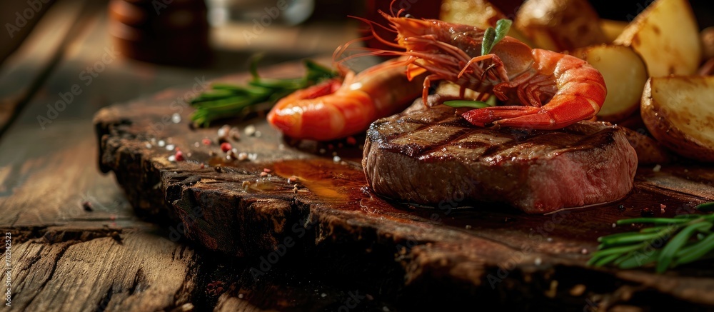 Poster delicious steak oscar with jumbo prawns served with roasted potatoes. with copy space image. place f