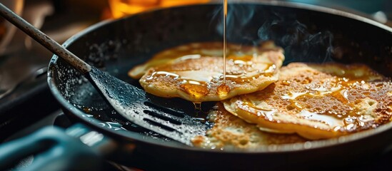 A pancake being flipped by a black spatula in a frying pan Close up. with copy space image. Place for adding text or design - obrazy, fototapety, plakaty