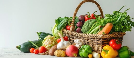 Basket with assortment of fresh organic fruits and vegetables on white background. with copy space image. Place for adding text or design