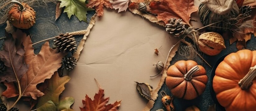 Craft paper blank frame and autumn leaves pumpkin background Autumn mockup Autumn composition fall concept Flat lay top view and copy space Sticky notes. with copy space image