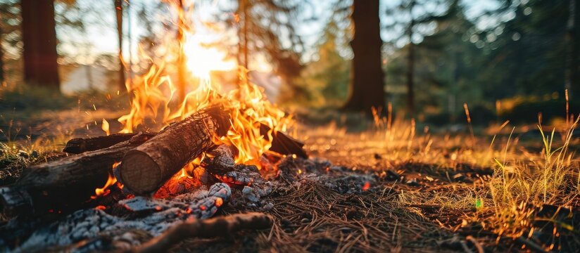 Closeup of burning brushwood campfire on forest ground on blurred background of trees and grass Closeup yellow flame burning in bonfire Camp fire in cloudy day outdoors. with copy space image