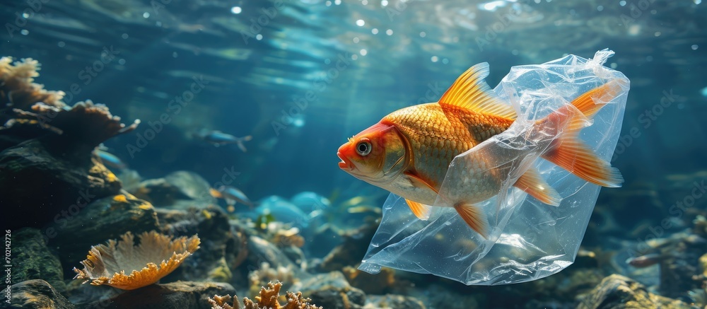 Poster A fish with a plastic bag Pollution in oceans concept. with copy space image. Place for adding text or design
