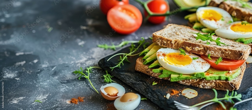 Aufkleber a breakfast avocado sandwich with boiled egg. with copy space image. place for adding text or design