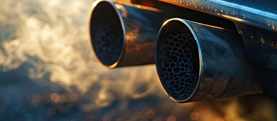 Dual exhaust pipe close up with combustion fumes coming out Emissions control ecology and clean technology concept. with copy space image. Place for adding text or design - obrazy, fototapety, plakaty