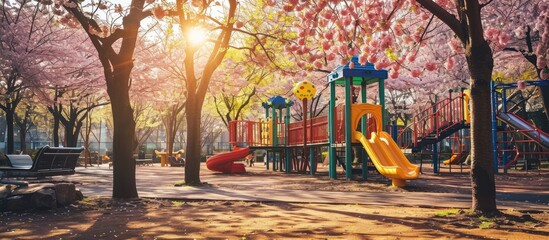 Colorful playground park at spring in Japan. with copy space image. Place for adding text or design
