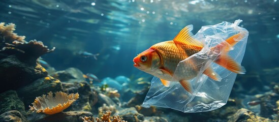 A fish with a plastic bag Pollution in oceans concept. with copy space image. Place for adding text or design - Powered by Adobe