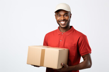 smiling delivery man holding a parcel