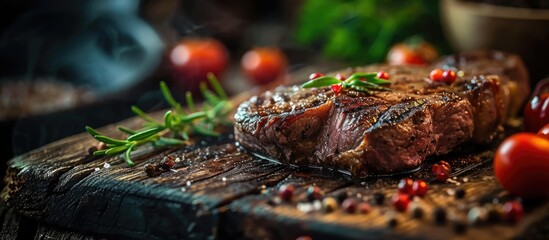 A top sirloin steak flame broiled on a barbecue shallow depth of field. with copy space image. Place for adding text or design - obrazy, fototapety, plakaty
