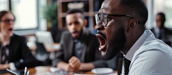 Fired fight and angry boss is frustrated with employee and upset manager pointing out embarrassing colleague Gesture corporate and black man shouting at worker in an office or boardroom - obrazy, fototapety, plakaty