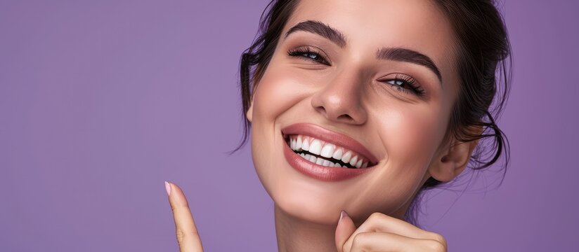 dental health beauty hygiene and people concept close up of smiling woman face pointing to teeth over violet background. with copy space image. Place for adding text or design