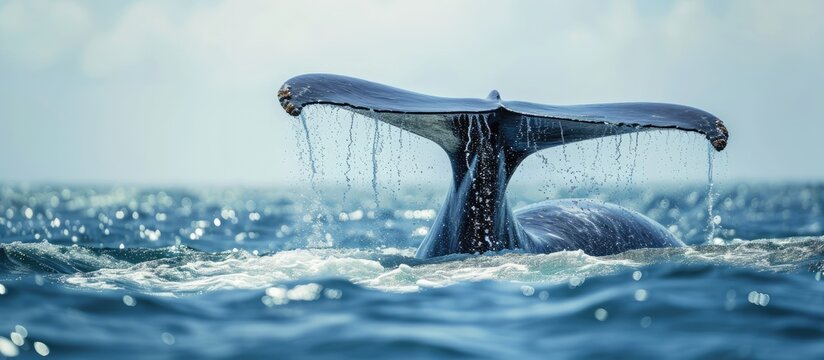 A blue whale showing its fluke just before it took a deep dive blue whale tale blue whale from Mirissa Sri Lanka blue whale tail fluke display from Mirissa Sri Lanka. with copy space image