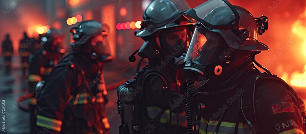 Poster firefighter training new fireman team fire fighter learning stop fire burn under emergency case at f