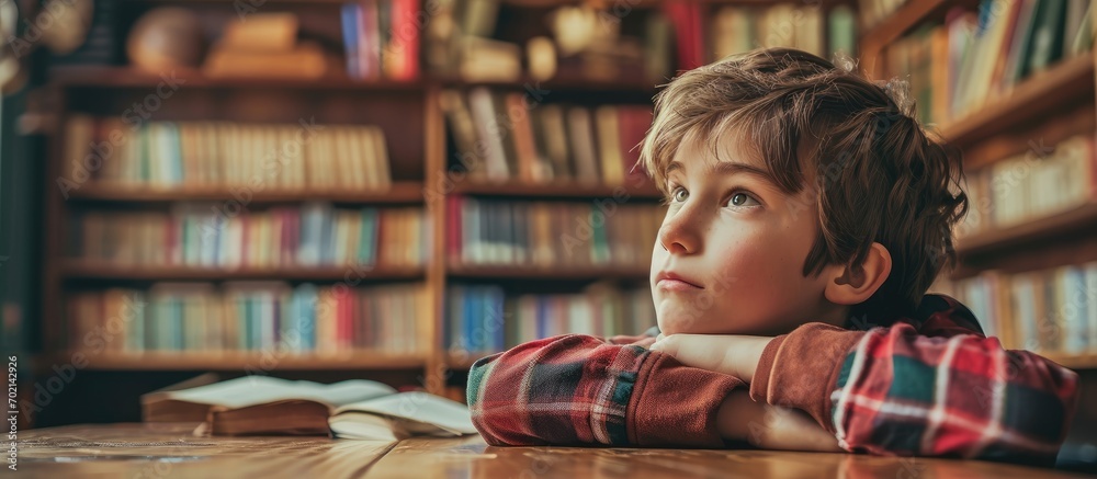 Aufkleber Bored schoolboy of primary school lying on table in library or classroom during uninterested lesson looking away and thinking panorama free space. with copy space image
