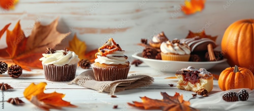 Aufkleber autumn desserts side border table scene with an assortment of traditional fall sweet treats above vi