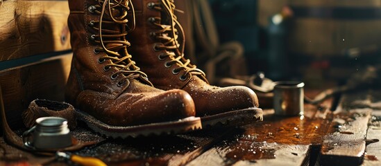 Dirty Worn Out Brown Leather Winter Boots Prepared for Waxing Waterproofing and Polishing With Shoe Care Accessories. with copy space image. Place for adding text or design - obrazy, fototapety, plakaty