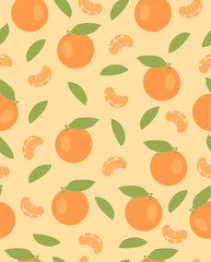 Pattern tangerines with leaves on a light orange background.