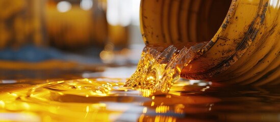 Close up shot of oil pouring out of yellow barrel. with copy space image. Place for adding text or design - obrazy, fototapety, plakaty