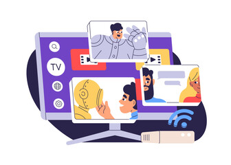 Smart TV concept. Streaming video service, television application for watching movies online in internet. Multimedia by subscription. Flat graphic vector illustration isolated on white background