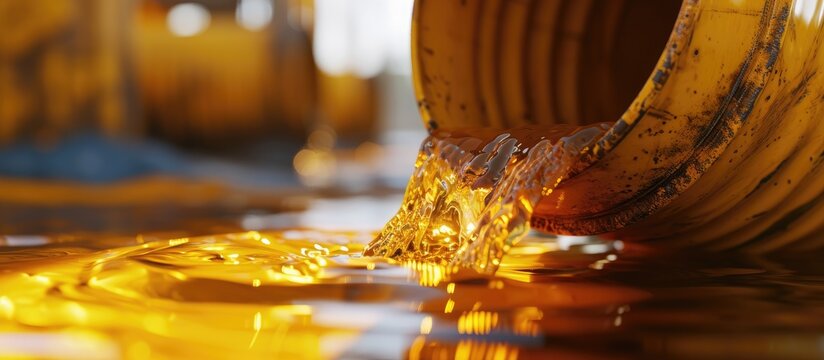 Close up shot of oil pouring out of yellow barrel. with copy space image. Place for adding text or design